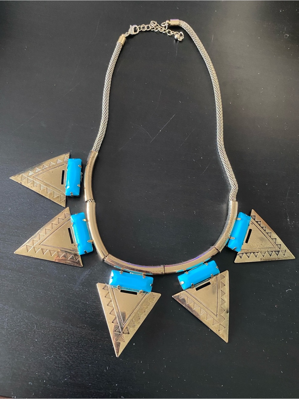 H&M Trend Vintage Blue & Gold Tone Bib Necklace, Tribal Geometric Style